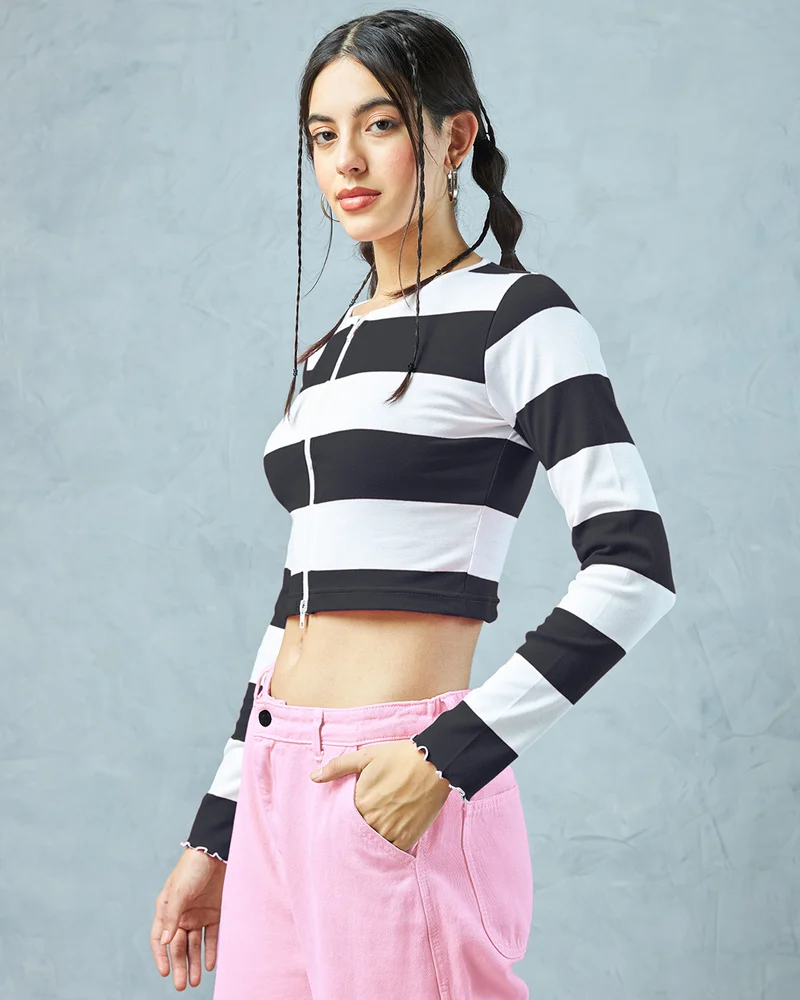 بيواكوف Women's White & Black Striped Slim Fit Zipper Short Top